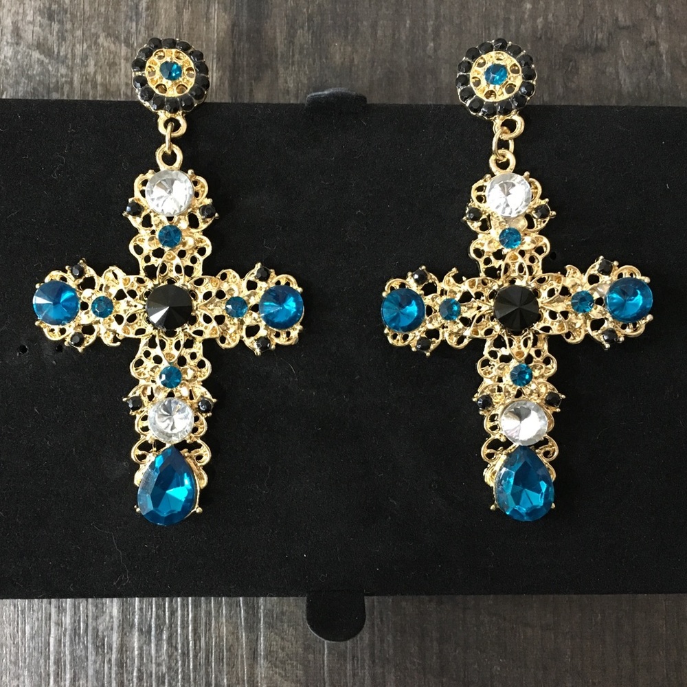 Cross Earrings, Teal Blue Earrings, Crystals